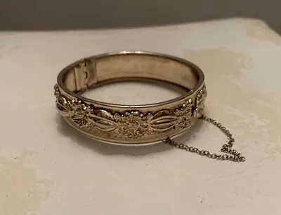 Vintage Art Nouveau Victorian Revival Gold Tone Floral Bangle Bracelet Hinged • $24