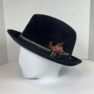 Vintage Berg Fifth Avenue Mens Fedora Hat Size 6 7/8 Black Velour & Feathers • $30