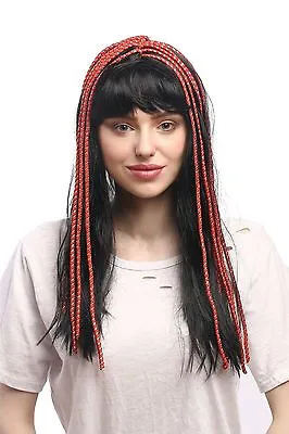 Ladies Wig Black Fringe Ribbon Red-Gold Hippie 1001 Night Courtesan Cleo • £4.32