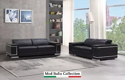 GENUINE Italian Leather 2PC Sofa Loveseat Modern Contemporary Living Room Black • $3199.99