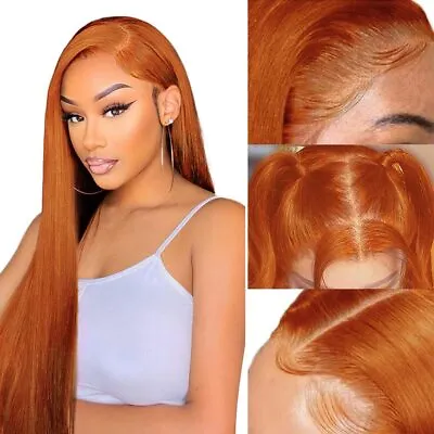 Ginger Orange Straight Human Hair Wig Natural Hairline Free Part Lace Front Wig • $143.65