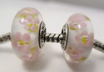2 Pink Cherry Blossom Field Flower Authentic Pandora Murano Charms Spring Easter • $0.99