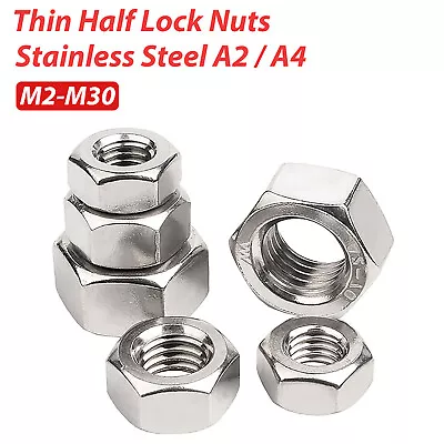 Hexagon Thin Half Lock Nuts Metric Coarse Threads A2/A4 Stainless Steel M2 - M30 • £6.83