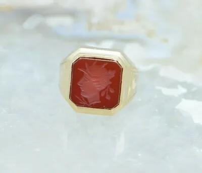 Vintage Men's Roman Soldier Carnelian Intaglio Ring 10K YG Circa 1950 Size 6.5 • $450