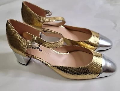 J Crew Millie Ankle-strap Heels Snake-embossed Italian Leather  Gold Size 9.5 • $36