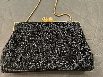 Black Beaded Purse Evening Bag Hong Kong Gold Ball Closure/Handle GORGEOUS!!!! • $16.99