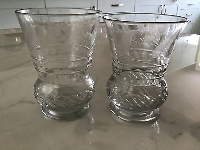 £50 • Buy Two Vintage Crystal Thistle - Whisky Glasses - 10cm And 10.5cm Tall