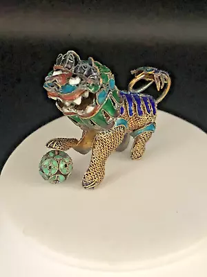 Adorable Vintage Chinese Silver Enamel Miniature Foo Dog W/Dragon Box • $19.99