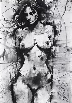 Nude Female ORIGINAL DRAWING Charcoal Street Art Naked Lady Pinup NO RESERVE A3 • £0.01