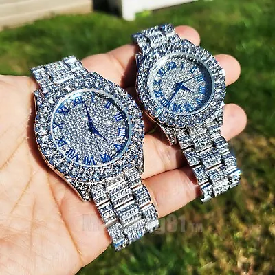 Watch Couple Set Hip Hop Iced Lab Diamond Silver Plated Metal Band Bling Fashion • $26.99