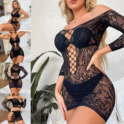 £3.59 • Buy Women's Sexy Fishnet Lingerie Mini Dress Hollow Out Bodycon Babydoll Sleepwear