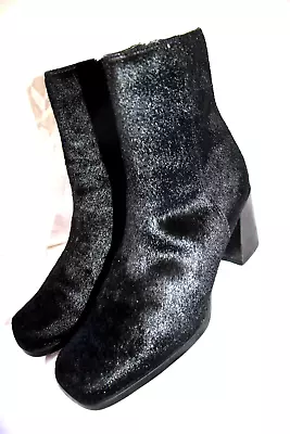 Amanda Smith Vintage 1990's Goth Boots Chunky Black Genuine Fur 8.5 M Square Toe • $37.99