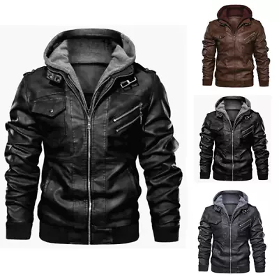 Men's Faux Leather Jacket Biker Jacket Hooded Biker Transition Track Jacket Slim • $46.02