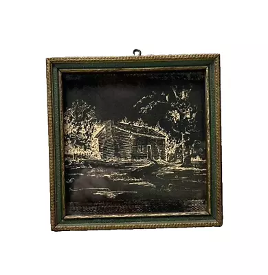 Reverse Print Log Cabin Framed Art Vintage Small Black Tan 4.5 Inch Square • $16.99