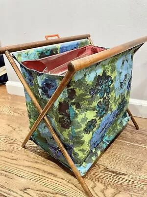 Vintage Knitting Sewing Caddy Basket Yarn Bag Folding Wood Frame Floral • $30