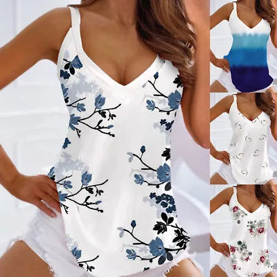 Women V Neck Floral Tank Tops Ladies Summer Holiday Casual Loose Vest T-Shirt • £8.89