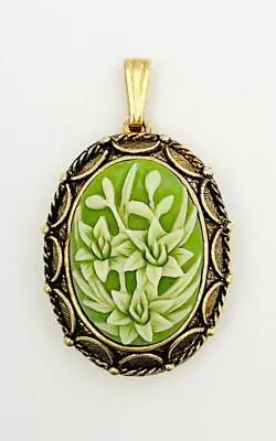 Vintage Vanda USA Carved Green Flower Solid Perfume Gold Tone Locket Pendant • $18