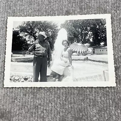 Vintage Photograph Married Couple Man Woman Sitting Infront Of Water Fountain • $8.95