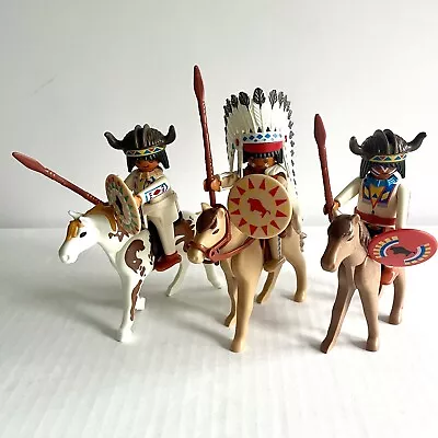 Playmobil Figures: 3 X Native American Indians On Horseback With Buffalo Helmets • £9