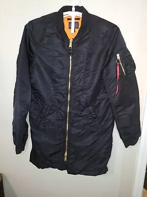 Alpha Industries Jacket Mens Medium Black Zip Long Bomber Military Coat • $100