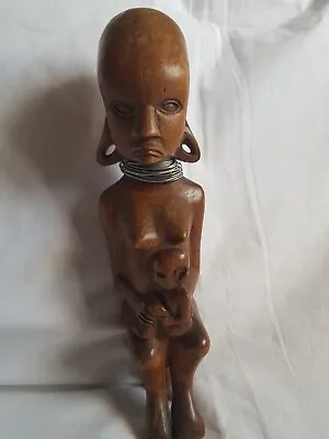 £10 • Buy Vintage African Tribal Hand  Carved Figure Of Woman Seated With Baby, 9 