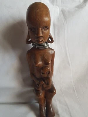 £10 • Buy Vintage African Tribal Hand  Carved Figure Of Woman Seated With Baby, 9 