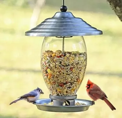 Hanging Wild Bird Feeder Seed Nut Garden Feeding Station With Tray Metal Glass • £14.55