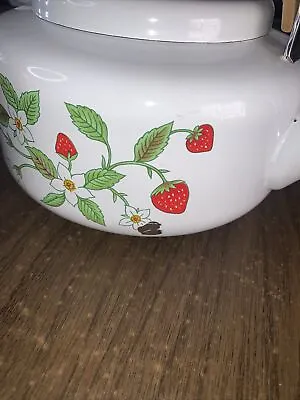Vtg Enamel Tea Pot Kettle Strawberries Motif Wood Handle • $25
