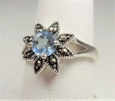 Sterling Silver Aloha Marcasite Island Flower With Aqua Blue Stone Ring Size 7 8 • $32.99
