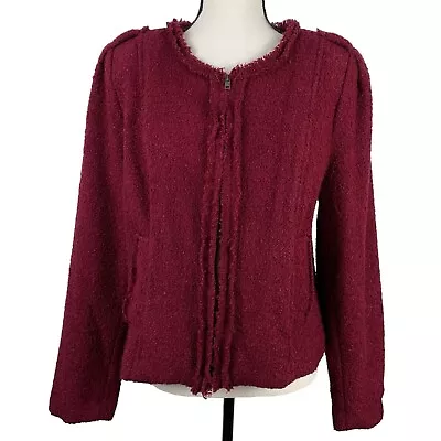 CAbi Blazer Jacket Size 16 Britt Boucle Burgundy Tweed Zip Long Sleeve #530 • $25.49