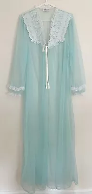 Vintage SECRET ACCENTS Women’s Peignoir Robe Sz L Sheer Blue Long Sleeve Lace • £26.58
