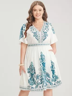 Bloomchic Bandana Print Ruffle Sleeve V Neck Pocket Knee Dress 6X US 30 • $16.99