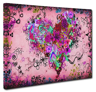 Pink Floral Love Heart Picture Print Canvas Wall Art Size 51x76cm • £23.95