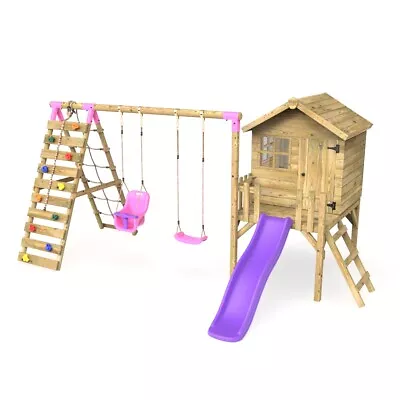 £1009.95 • Buy Rebo Orchard 4FT Wooden Playhouse + Swings, Rock Wall, Deck & 6FT Slide – Luna P