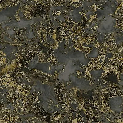 Debona Liquid Marble Swirls Metallic Embossed Glitter Wallpaper Black/Gold 6357 • $40.92