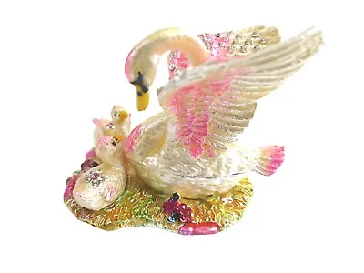 $17.99 • Buy Bejeweled  Swan Mom & Babies Hinged Metal Enameled Rhinestone Trinket Box