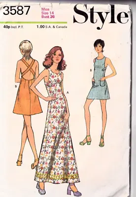 Style Sewing Pattern 3587 Dress 14 X Cross Over Back Mini Maxi 1970s Vintage 70s • £9.99