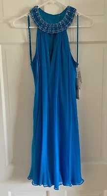 NWT Marc Bouwer Glamit Electric Blue Beaded Halter Silk Trapeze Dress Size 6 • $49.99
