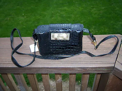 NW  VICTOR Black Leather Crossbody Embossed Croc Handbag Purse Small Messenger  • $24.99