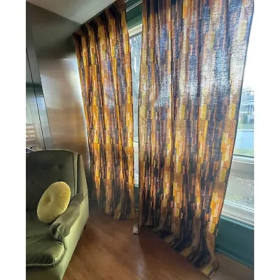 Vintage 1970s Pleated Curtain Orange & Brown Geometric Pattern Price Per Panel • $120