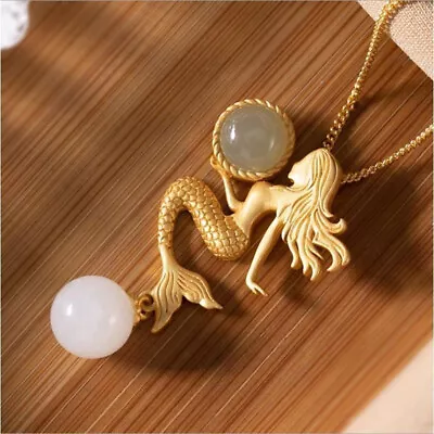 Natural Hetian Jade Mermaid Pendant Necklace Chinese Retro Women Silver Jewelry • $17.89