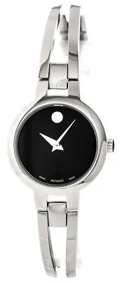 Movado $595 Women's Amorosa Silver/black Dial Sleek Bangle Swiss Watch 0607153 • $289