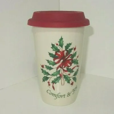  Lenox Comfort & Joy Travel Ceramic Thermal Mug Holly Double Wall Silicone Lid 2 • £7.04