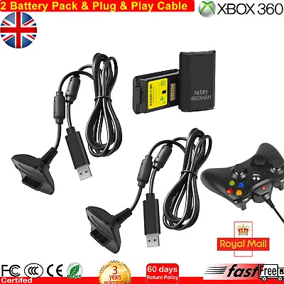 2 Pack 4800mAh Rechargeable Battery+ Play & Charge Kit For Xbox 360 Controller  • £11.99