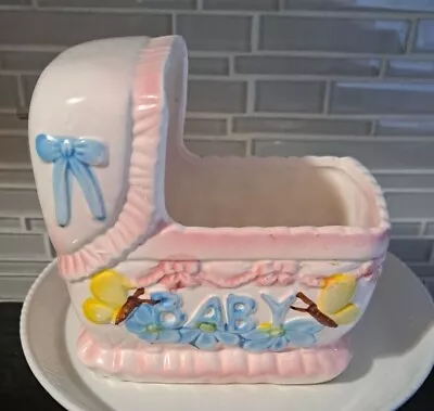 1985 MY-NEIL Musical (Rock-A-Bye Baby)Bassinet Pink/Blue/Yellow  Vtg Planter • $15.99