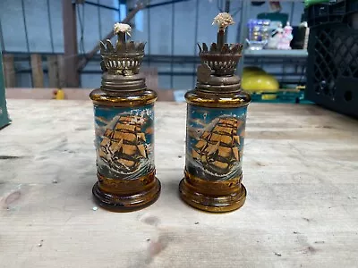 2 X Vintage Amber Glass Oil Lamps - Ship Design • £15