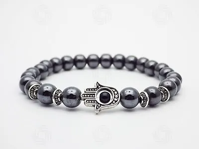 Mens Black Hematite Hamsa Bracelet Stone Beads Hands Of Fatima Gemstone Gift UK • £5.99