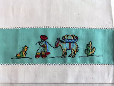 2 Vintage Mexican Design Tea Towels Turquoise Embroidered Border • $12