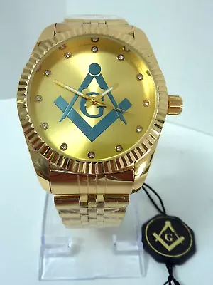 NOS Large 43mm Masonic Wristwatch Gold Tone W/ Square & Compass + Jeweled #'s • $24.99