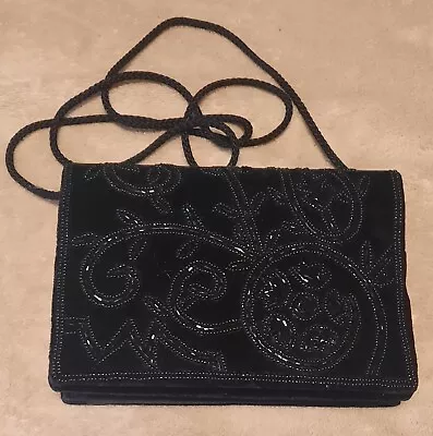 Black Velvet Beaded Small Handbag Crossbody Purse Long Strap Evening Bag • $9